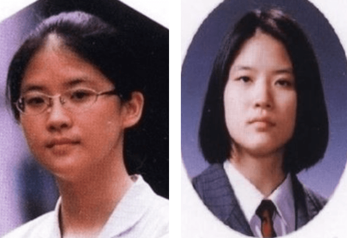韓国女優イ・ボヨンの卒業アルバム。右側の画像は、眼鏡をかけて髪の毛を結んでいる。左側の画像は髪はボブで制服を着ている。