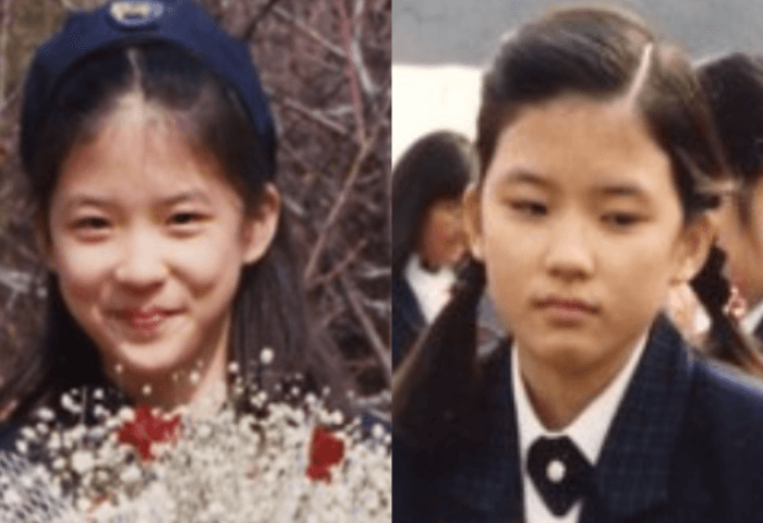 韓国女優イ・ボヨンの子ども時代の画像。左側の画像は、花束を抱えていて、ベレー帽をかぶっている。髪型はロングで笑顔。右側の画像は、制服を着て三つ編みおさげ髪で下を向いている画像。