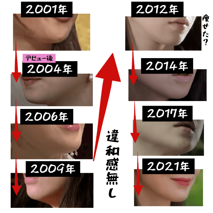 韓国女優イ・ボヨンの2001年22歳から2021年42歳までの顎の変化について画像で時系列検証したもの。2012年に多少痩せた印象はあったが、整形程の変化は無かった。