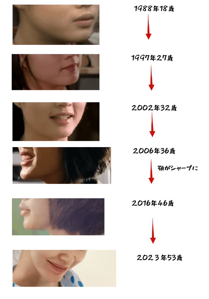韓国女優キム・ヘス顎の変化の画像を時系列であらわしたもの
1988年18歳画像
1997年27歳画像
2002年32歳画像
2006年36歳画像（顎がシャープに）
2016年46歳画像
2023年53歳画像