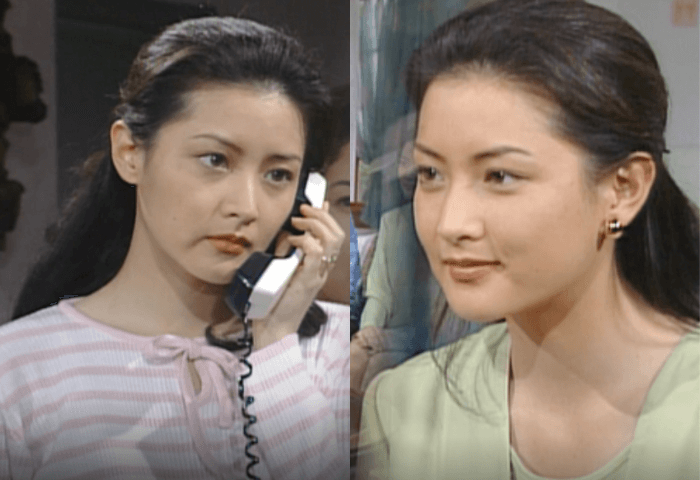 韓国女優イ・ヨンエが1993年ドラマ「お宅の夫はいかがですか」に出演しているワンシーンの画像2枚。
左側は、左手で電話の受話器を持っている。
右側はほほ笑んでいる。