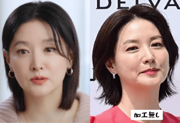 韓国女優イ・ヨンエの顔画像2枚
左顔画像は加工有りの画像（肌のシワが無いように見える）
右顔画像は加工無しの画像（肌にシワがある）
加工無しの画像は違和感があって、加工無しの画像の方が自然に見えるのがわかる。